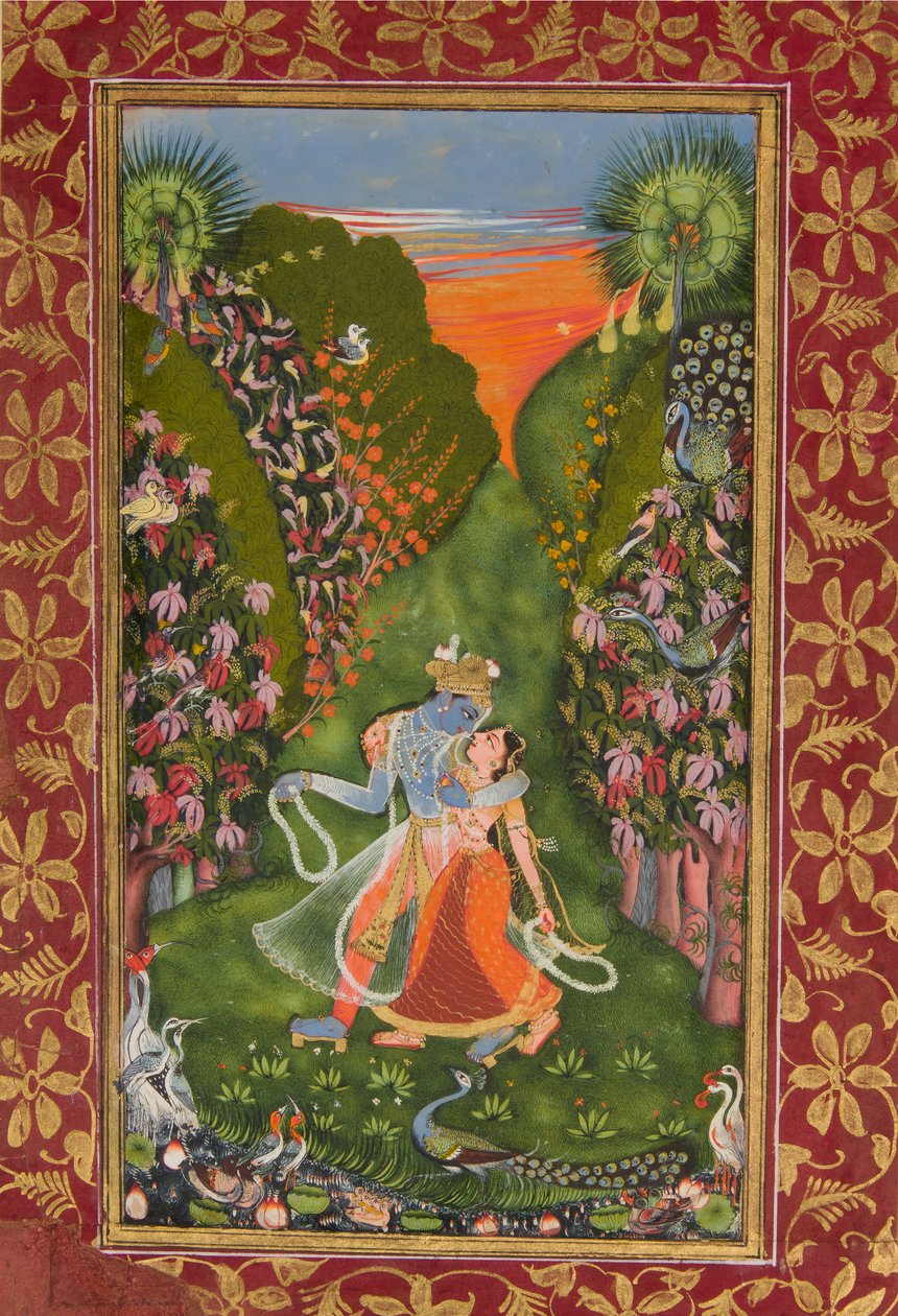 Radha és Krishna Walk in a Flowering Grove recto, Krishna Fluting verso, c1720 r, c1750-75 v alkotó: Kota Master