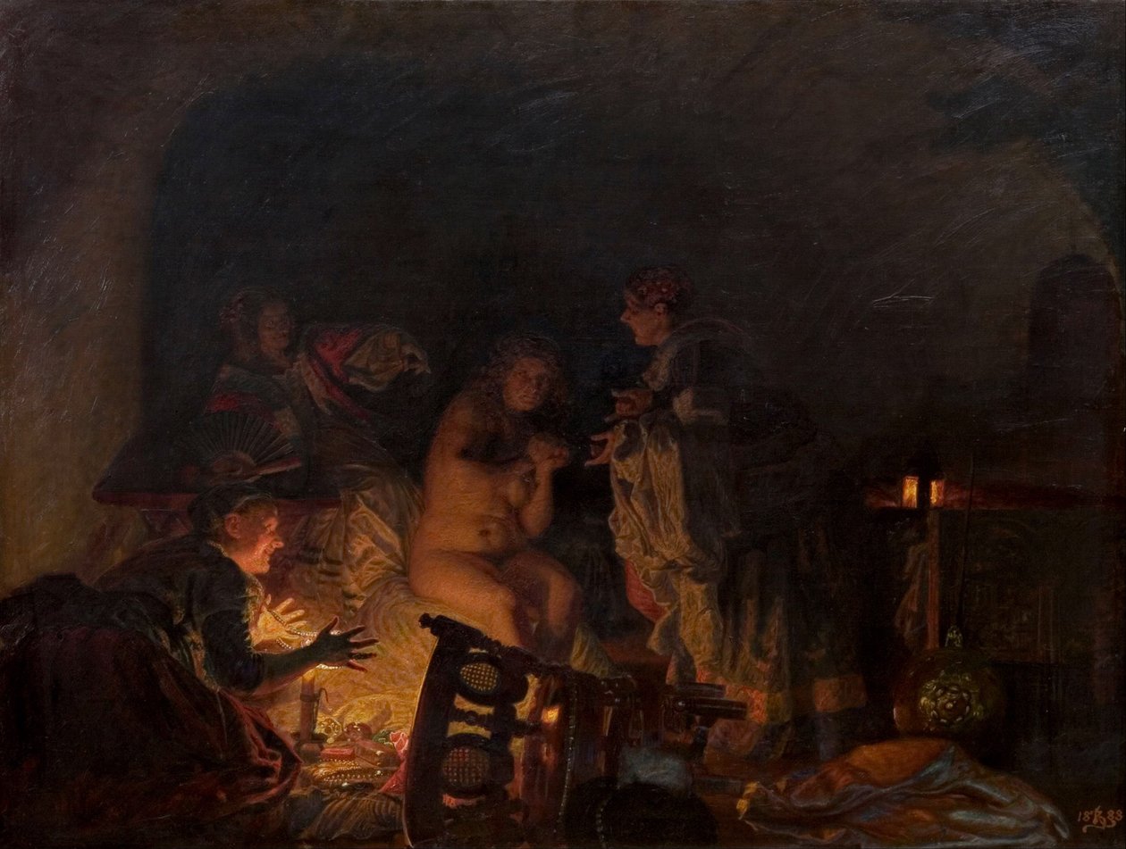 Leonora Christinát Sofie Amalie királynő szolgái lefosztották és megkeresték, 1888. alkotó: Kristian Zahrtmann