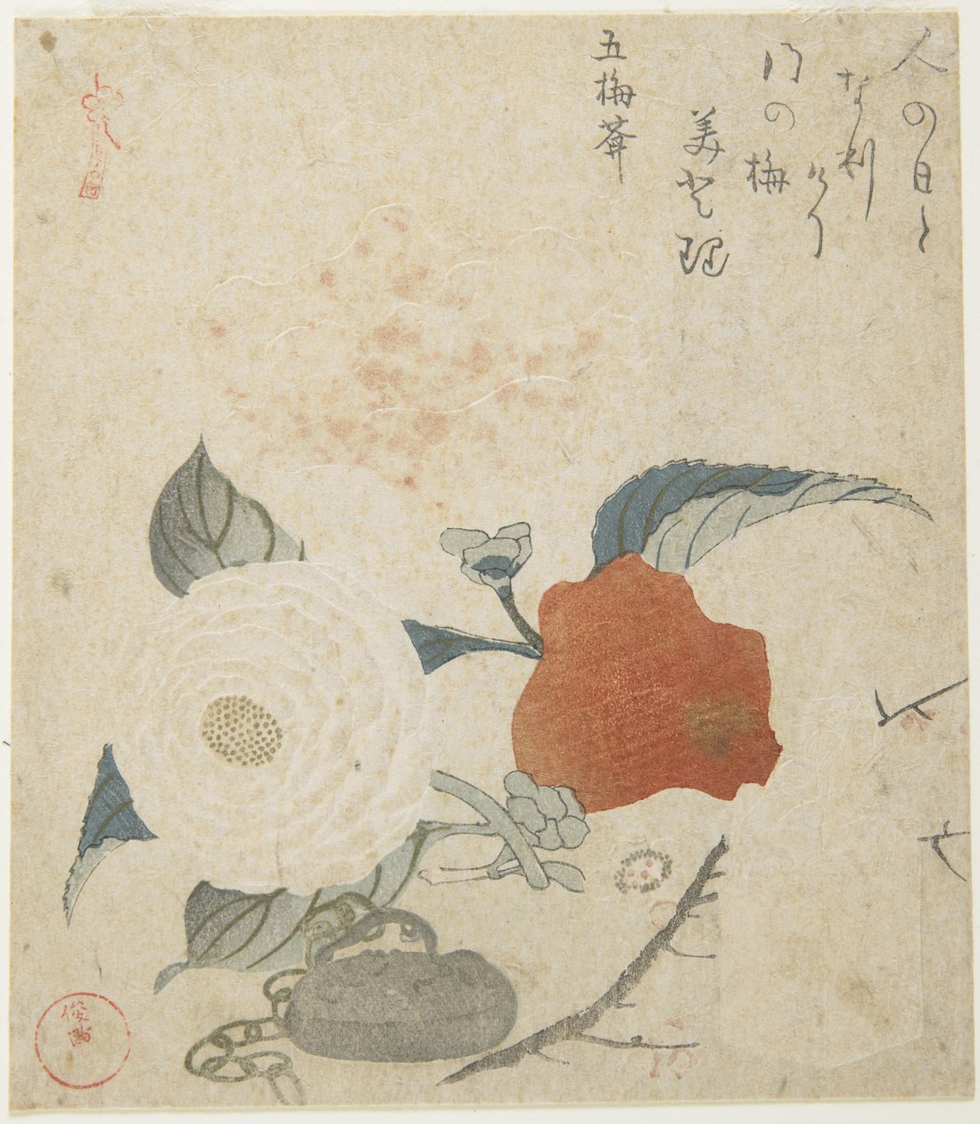 (Szilvaág, bazsarózsa virág és fémpecsét), 1816 alkotó: Kubo Shunman
