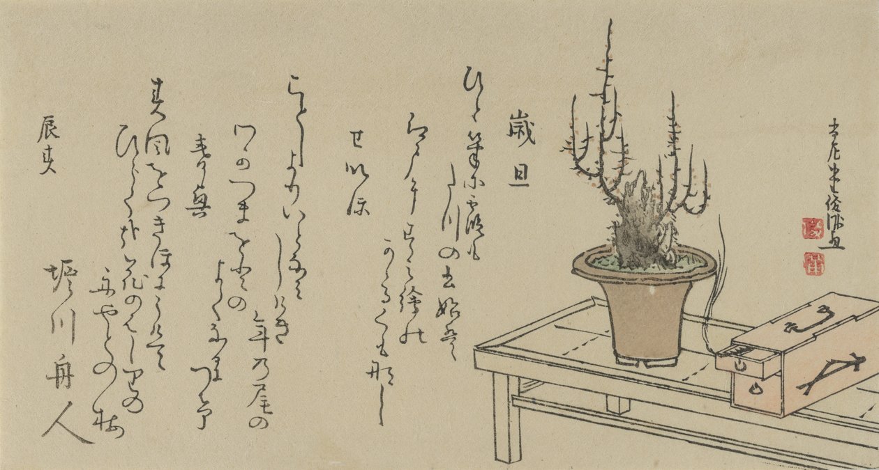 Bonsai szilvafa a padon és a dobozon, 1796. alkotó: Kubo Shunman