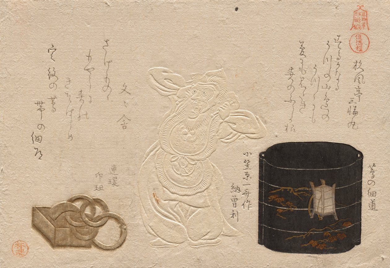 Három régiség, a Megbecsült tárgyak sorozatból: Bőr; Inro?; Netsuke (Meibutsu: Kawa; do? inro?; do? netsuke) alkotó: Kubo Shunman