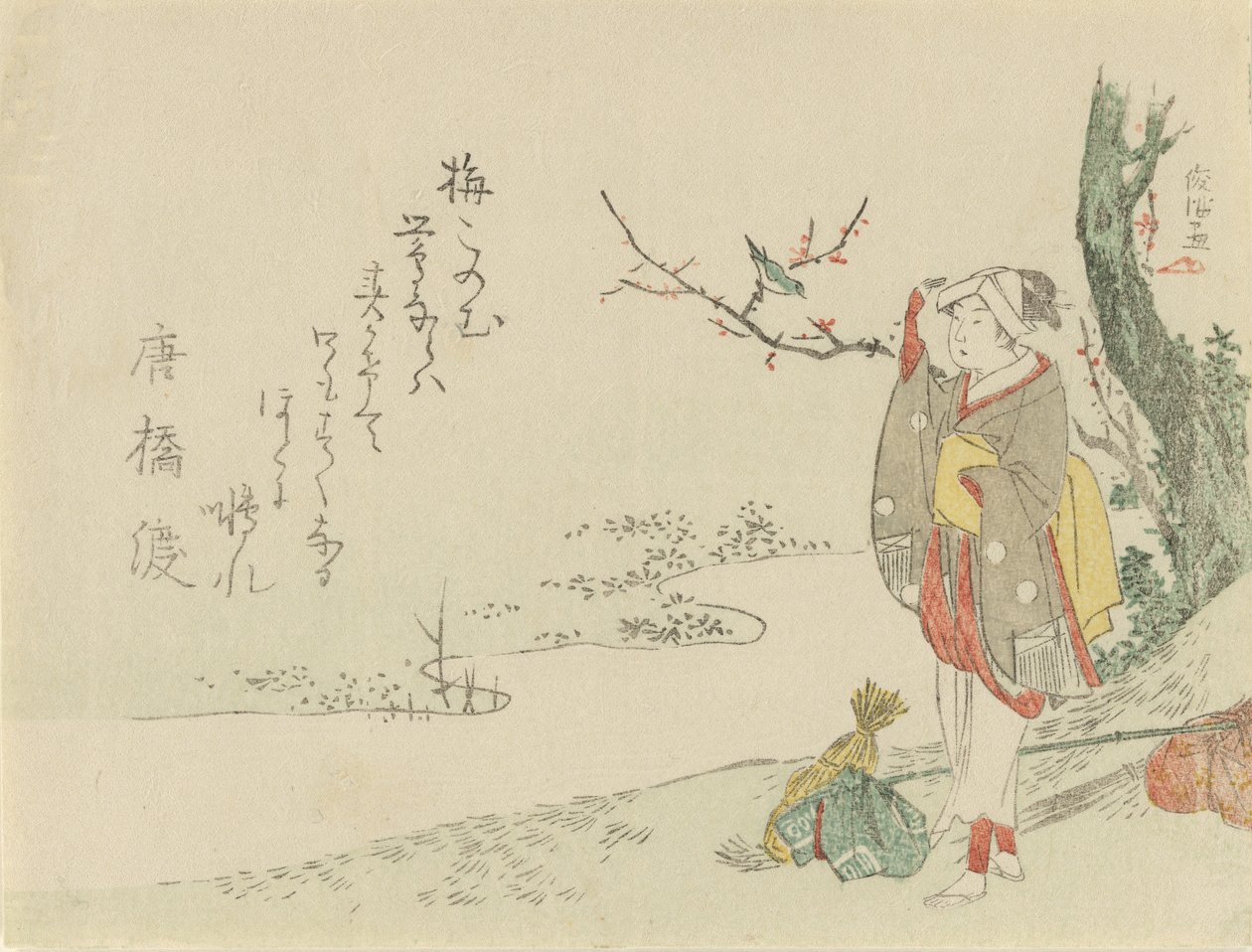 Utazó nő megáll, hogy hallgasson egy poszátát, 1797. alkotó: Kubo Shunman
