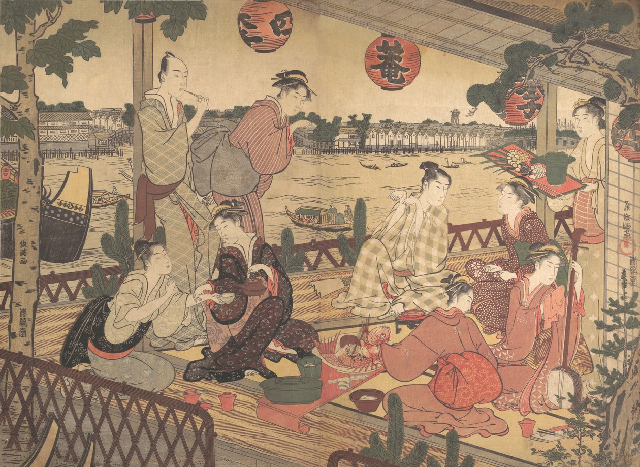 Két fiatal férfi és több nő vacsorázik egy teaházban a Sumida folyó partján, kb. 1788. alkotó: Kubo Shunman