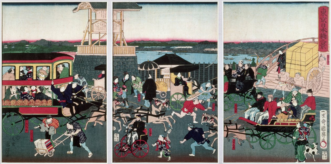 Kilátás Nihonbashira Tokióban, 1870 körül (színes fatömb) alkotó: Kuniteru II Utagawa
