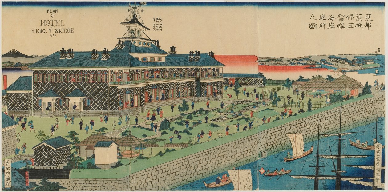A Tsukiji Hotel tengerparti kertje a keleti fővárosban, Meiji-korszak, 1868 (színes fatömbnyomat) alkotó: Kuniteru II Utagawa