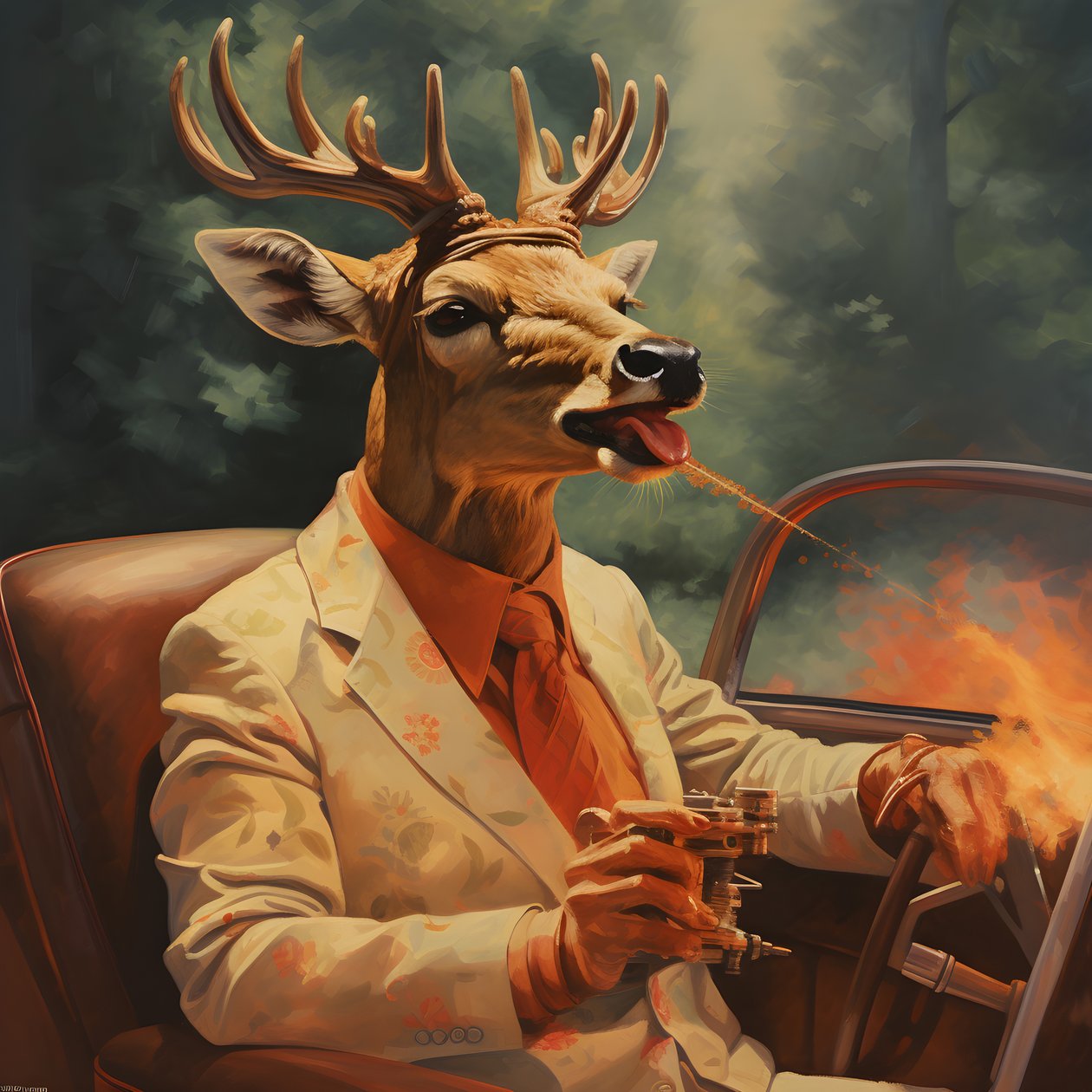 A deer with a cigar in his mouth driving a convertible automobile 2 alkotó: Kurt Heppke