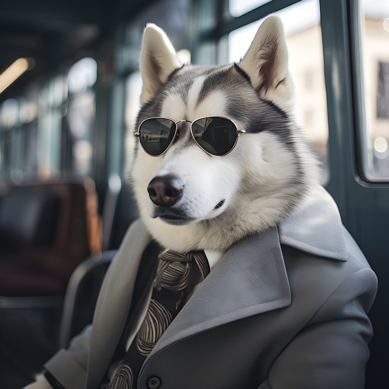 Ein Siberian Husky Hund im Anzug und mit Sonnenbrille am Busbahnhof, wie ein Gentleman 1 alkotó: Kurt Heppke