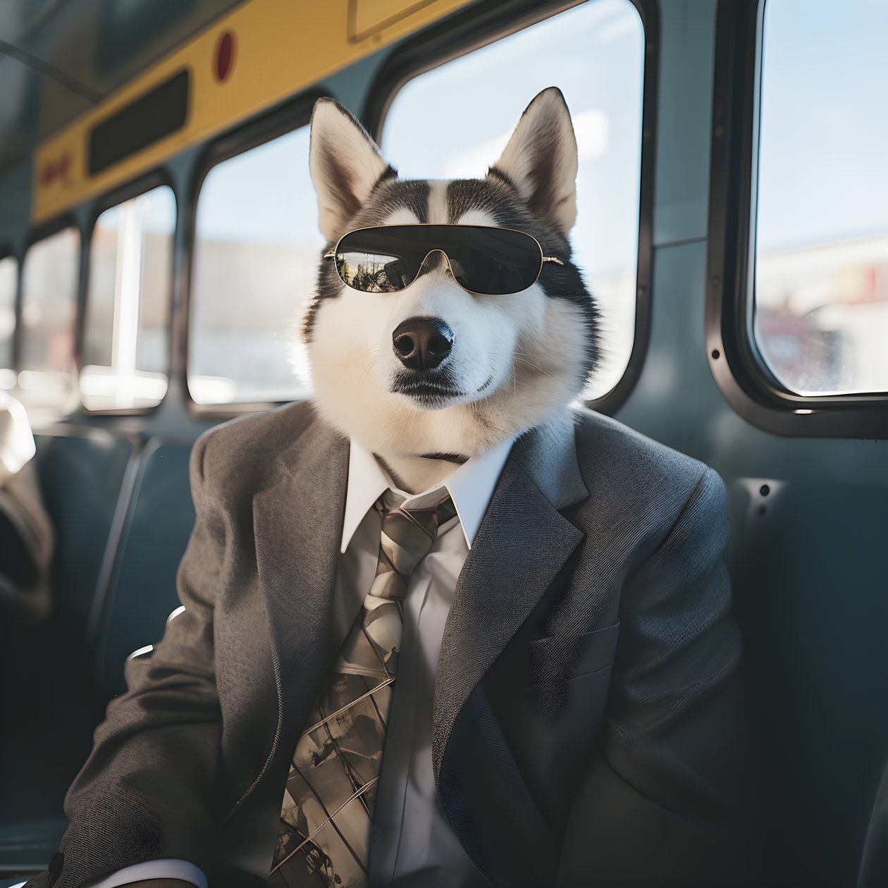 Egy szibériai husky kutya öltönyben és napszemüvegben a buszpályaudvaron, mint egy úriember 2 alkotó: Kurt Heppke