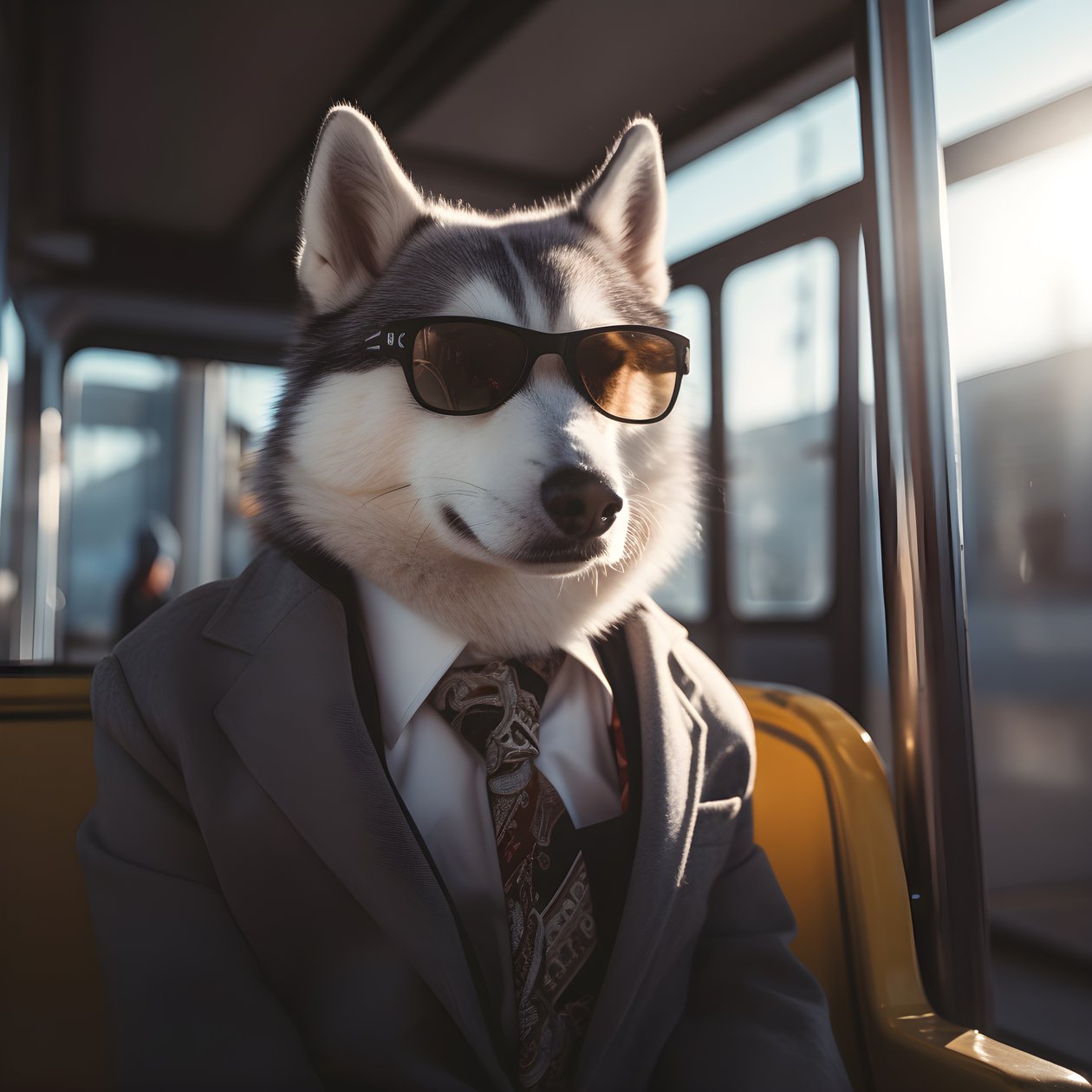 Egy szibériai husky kutya öltönyben és napszemüvegben a buszpályaudvaron, mint egy úriember 3 alkotó: Kurt Heppke