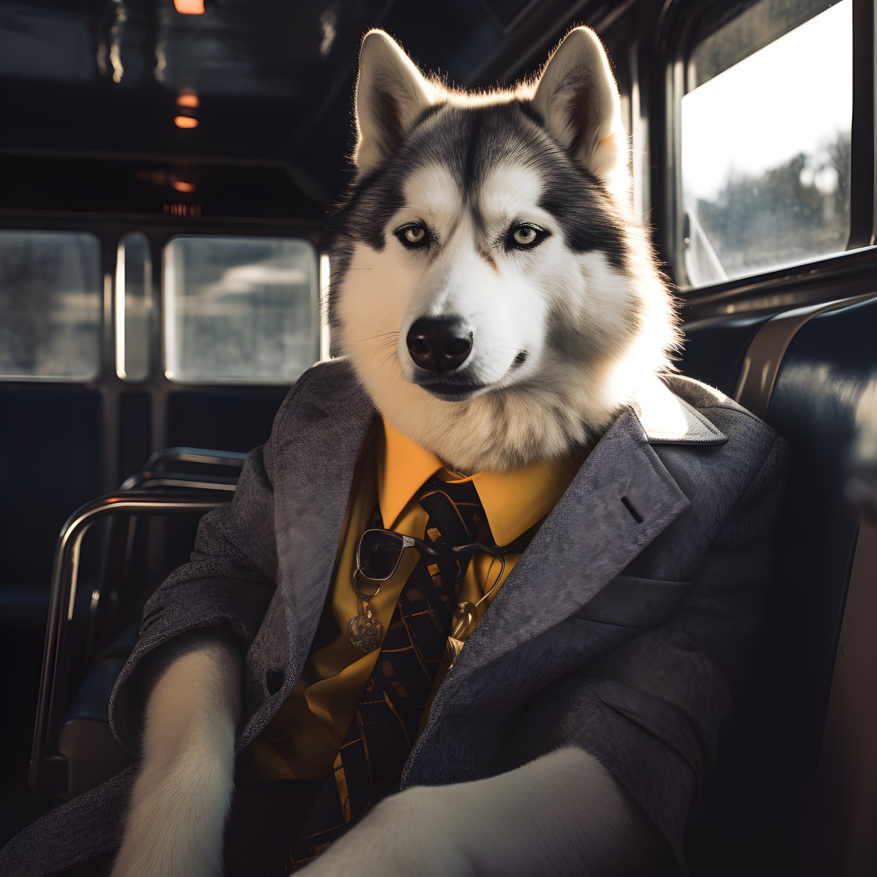 Ein Siberian Husky Hund im Anzug und mit Sonnenbrille am Busbahnhof, wie ein Gentleman 4 alkotó: Kurt Heppke