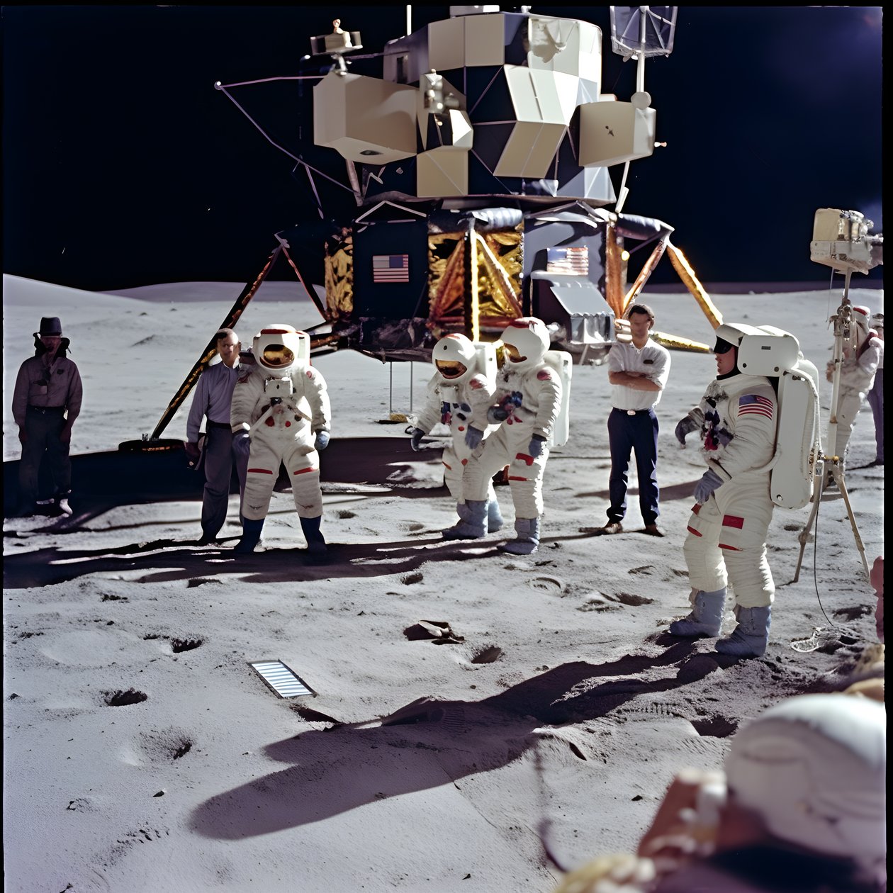 Emberek csoportja tévékamerával a hamis Apollo 11 1. projekt bemutatására alkotó: Kurt Heppke