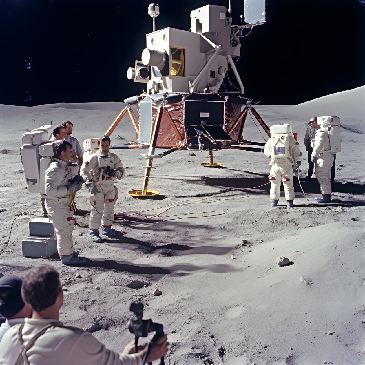 Emberek csoportja tévékamerával a hamis Apollo 11 2. projekt bemutatására alkotó: Kurt Heppke