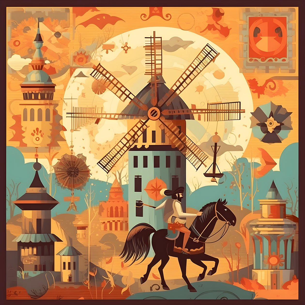 Hintergrund Don Quijote ganz rechts auf seinem Esel so klein wie ein Schatten, vor den Windmühlen, eine passende Kulisse 1 alkotó: Kurt Heppke