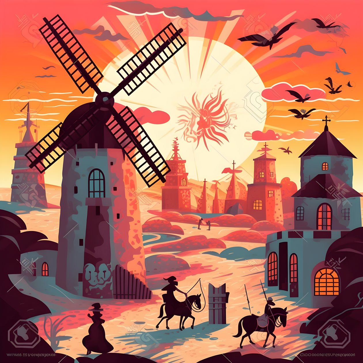 Háttér Don Quijote a jobb szélen az árnyékszerű szamarán, a szélmalmok előtt, illő háttér 2 alkotó: Kurt Heppke