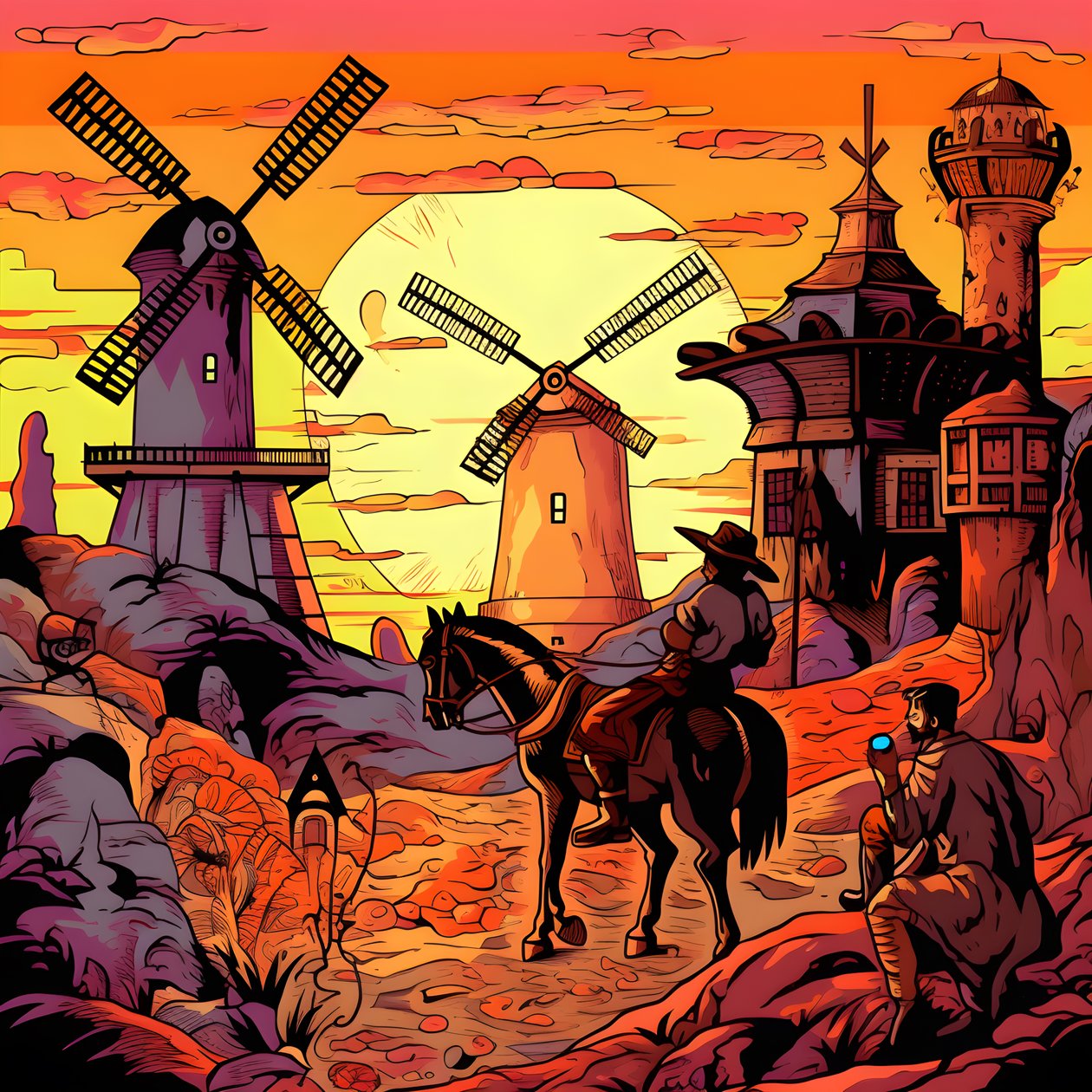 Háttér Don Quijote a jobb szélen az árnyékszerű szamarán, a szélmalmok előtt, illő háttér 3 alkotó: Kurt Heppke