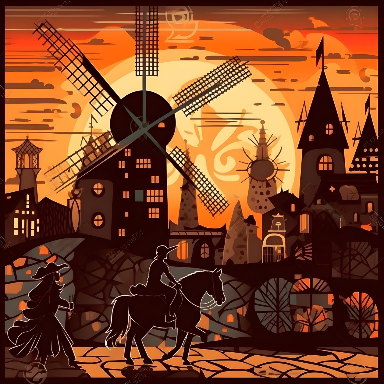 Hintergrund Don Quijote ganz rechts auf seinem Esel so klein wie ein Schatten, vor den Windmühlen, eine passende Kulisse 4 alkotó: Kurt Heppke