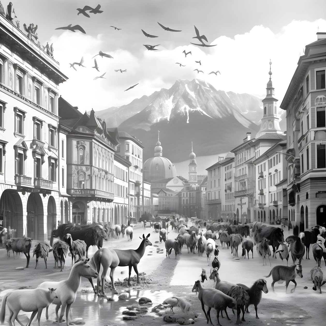 Innsbruck egy régi fényképen elegáns zebrákkal, sirályokkal, majmokkal és agyagfigurákkal. 2 alkotó: Kurt Heppke