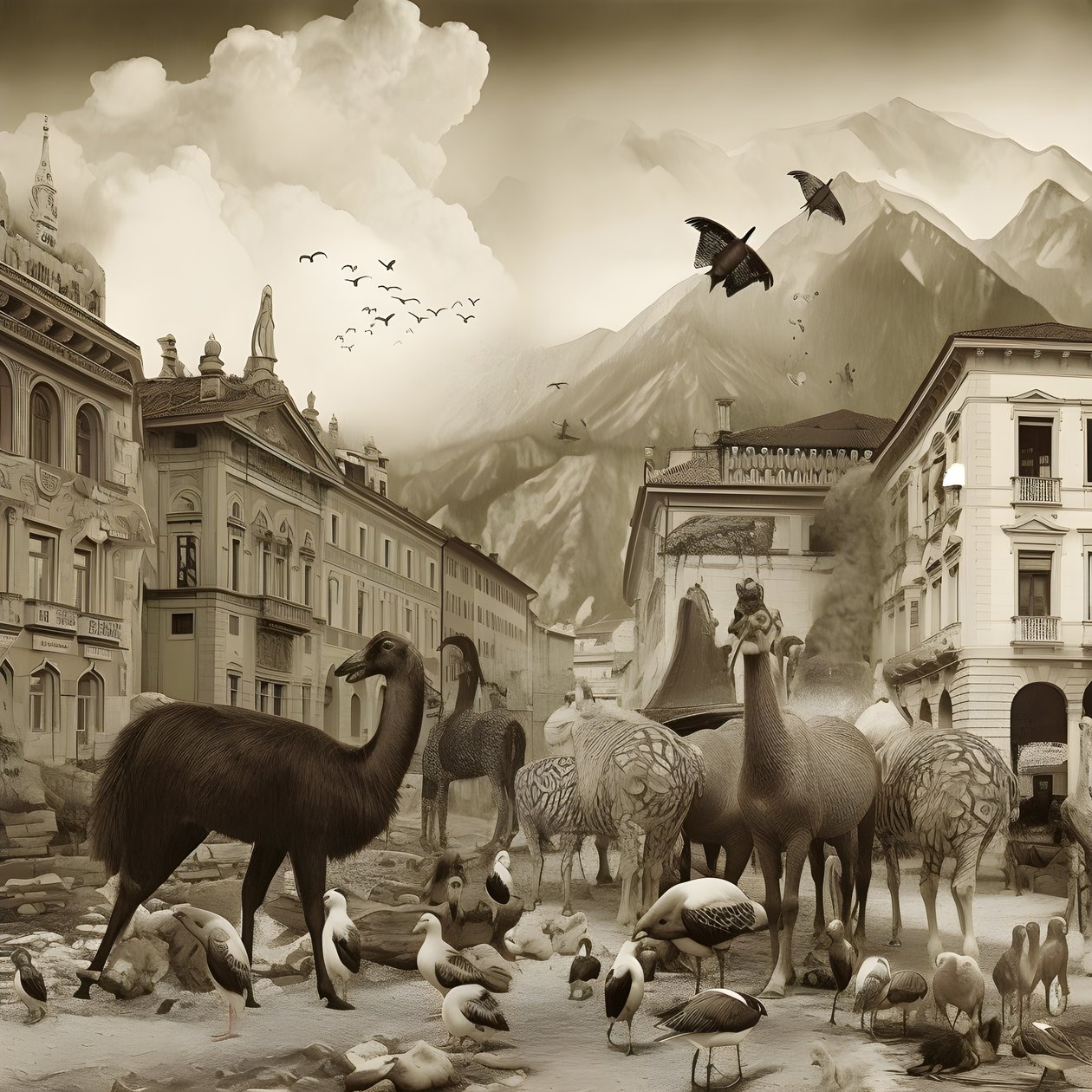 Innsbruck egy régi fényképen elegáns zebrákkal, sirályokkal, majmokkal és agyagfigurákkal. 3 alkotó: Kurt Heppke