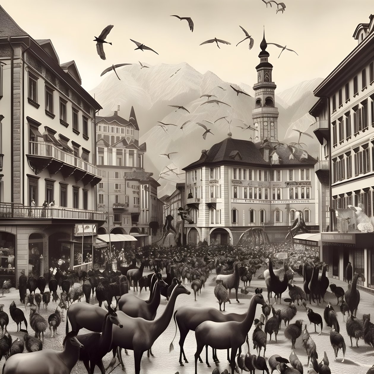 Innsbruck egy régi fényképen elegáns zebrákkal, sirályokkal, majmokkal és agyagfigurákkal. 4 alkotó: Kurt Heppke