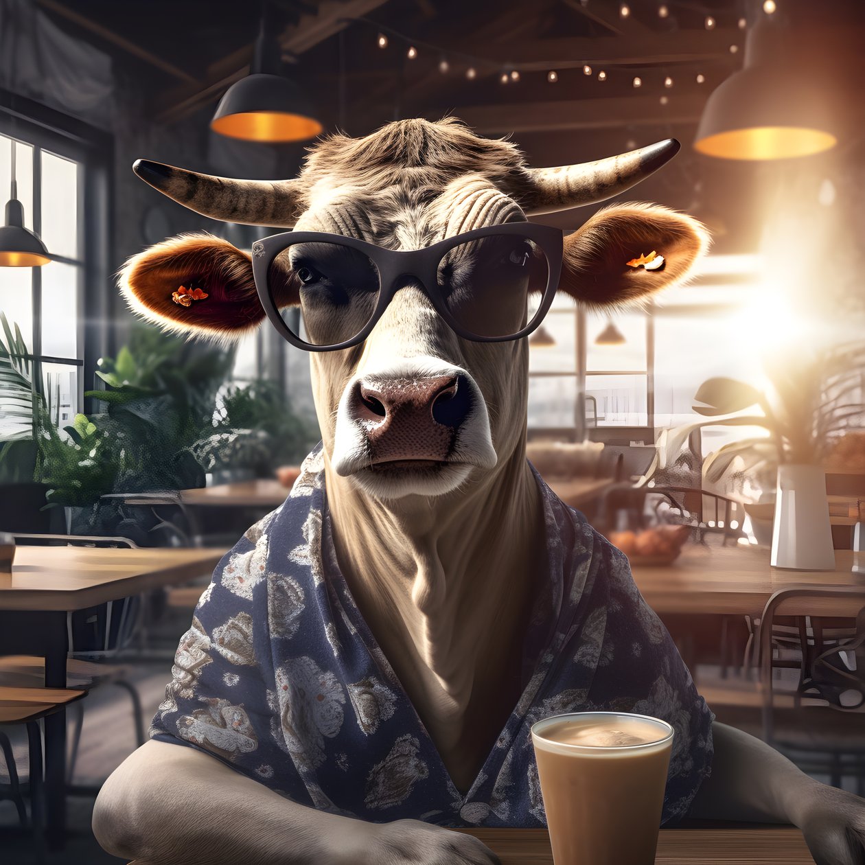Kuh mit Sonnenbrille und Blick auf kalten Kaffee 3 alkotó: Kurt Heppke