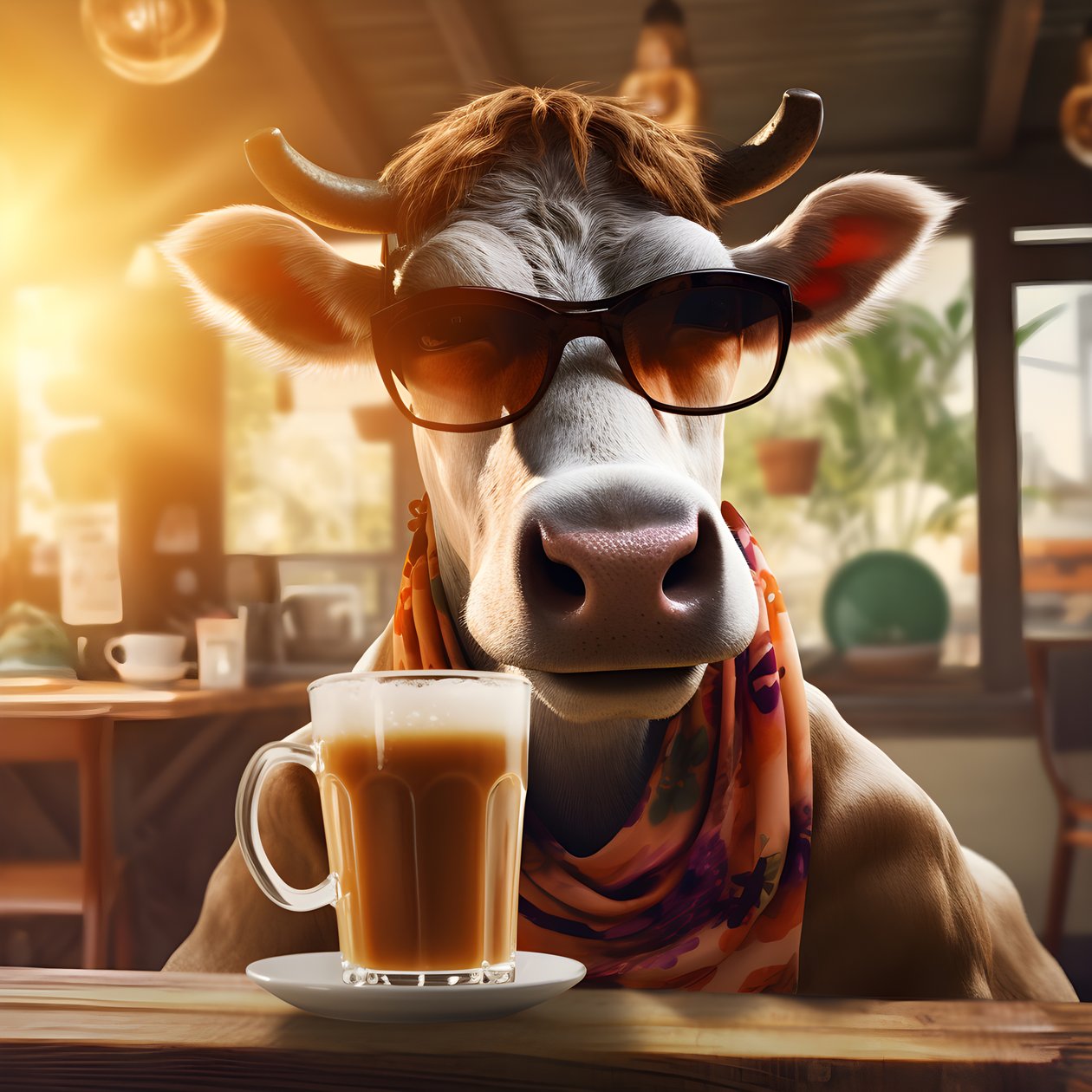 Kuh mit Sonnenbrille und Blick auf kalten Kaffee 4 alkotó: Kurt Heppke