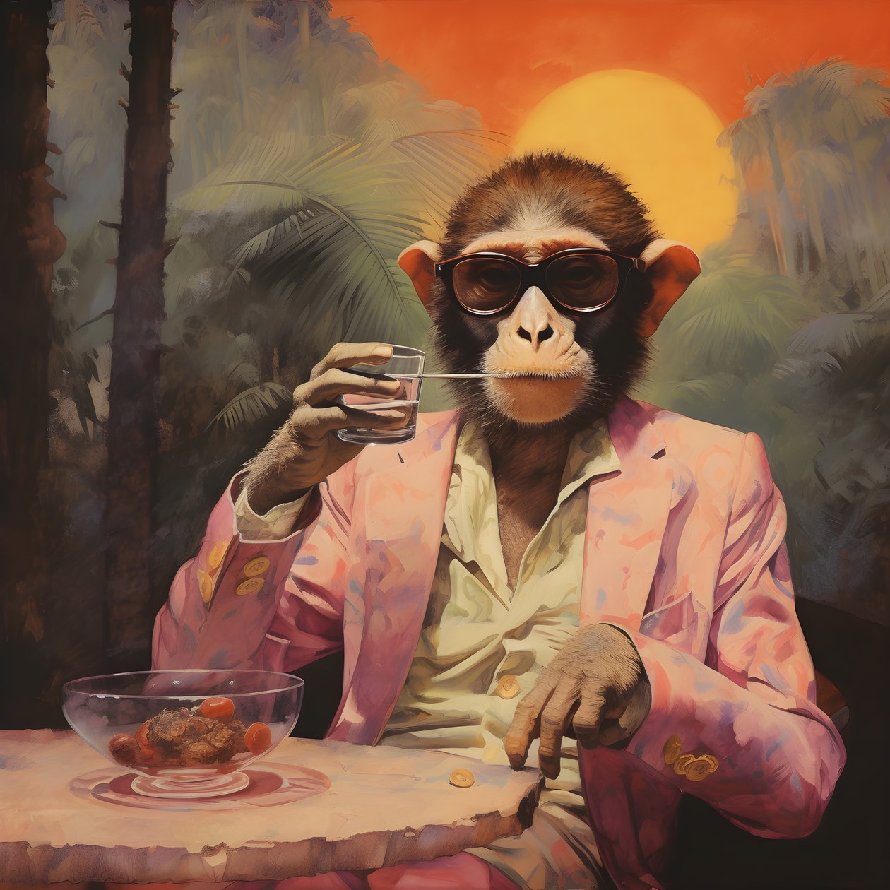 Nahaufnahme eines coolen Affen in einem japanischen Kimono, mit Sonnenbrille, in einer tropischen Landschaft 2 alkotó: Kurt Heppke