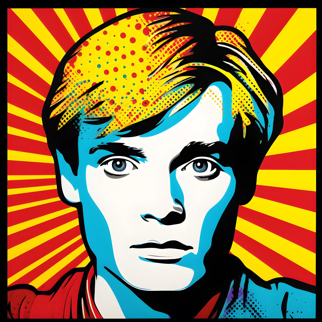 Pop Art portré, féltestes, Színes, grafikus, Reggel, Andy Warhol, Roy Lichtenstein, Robert Rauschenberg, Jasper Johns, Keith Haring 2 stílusában alkotó: Kurt Heppke