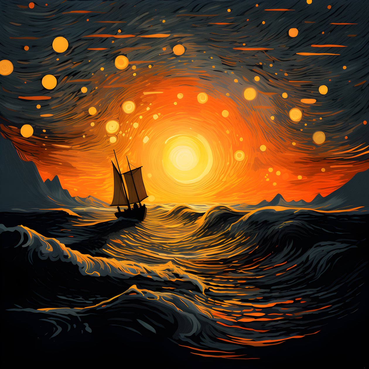 Sonnenuntergang, orange-gelbe Sonne, Wolken, fuenf rotierende Kreise von Wolken in einem großen Himmel, punktfoermige Wellen und orange-gelbe Sonnenuntergangswolken, die sich auf den Wellen spiegeln, ein Boot faehrt aufs Meer hinaus 1 alkotó: Kurt Heppke