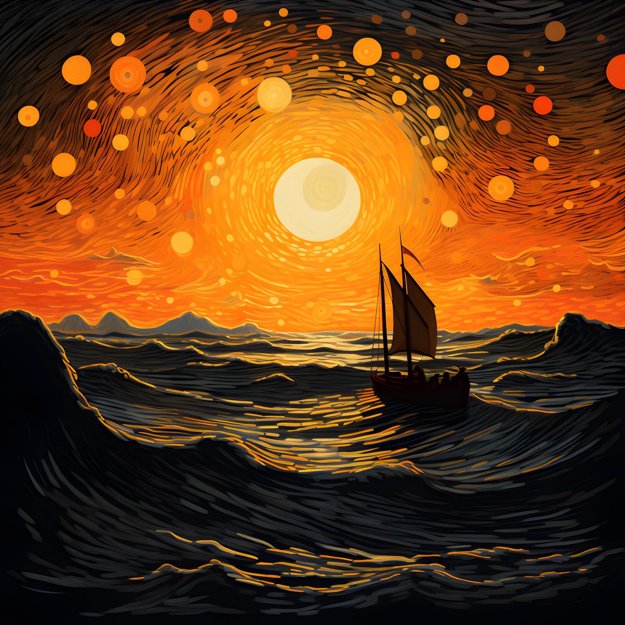 Sonnenuntergang, orange-gelbe Sonne, Wolken, fuenf rotierende Kreise von Wolken in einem großen Himmel, punktfoermige Wellen und orange-gelbe Sonnenuntergangswolken, die sich auf den Wellen spiegeln, ein Boot faehrt aufs Meer hinaus 4 alkotó: Kurt Heppke
