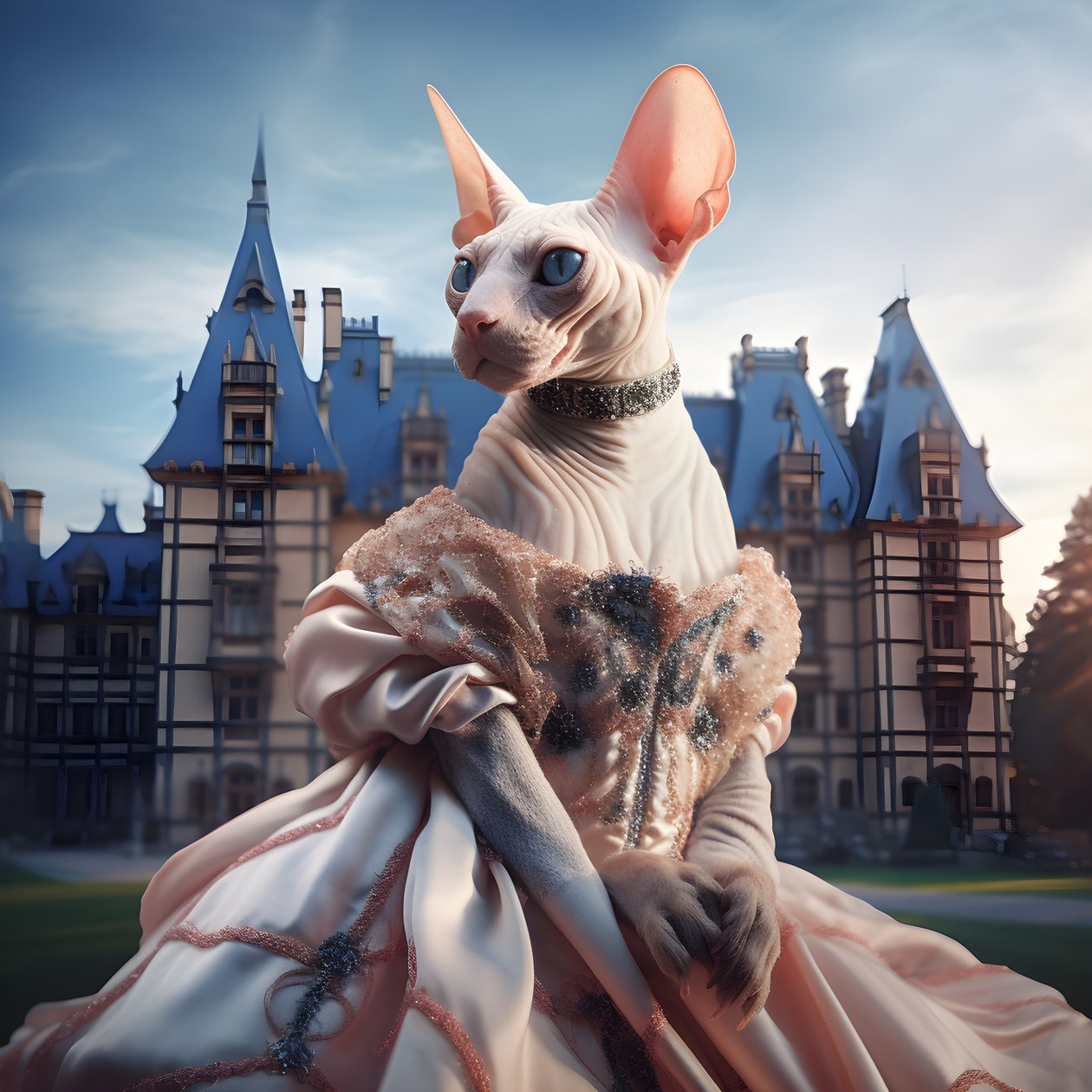 Sphynx-Katze im Ballkleid vor dem Hintergrund eines praechtigen Palastes im mittelalterlichen Stil 3 alkotó: Kurt Heppke