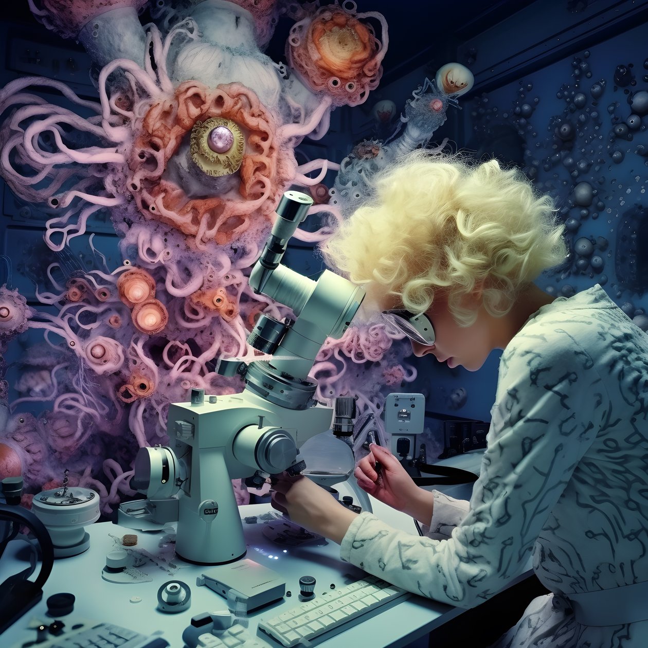 Super-Resolution Electron Microscope Shot of Woman im künstlerischen Stil von von David LaChapelle 1 alkotó: Kurt Heppke