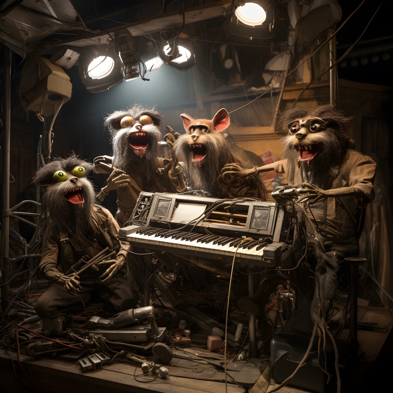 hátborzongató, szőrös, törött állat animatronics zenét ad elő a színpadon 4 alkotó: Kurt Heppke