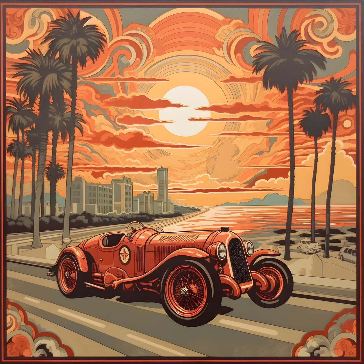 gyönyörű, elegáns, minimalista, steppelt remekmű Shepard Fairey::1 művészi stílusában, az 1940-es Monacói Nagydíj emlékére, történelmi versenyautók egymással versengve. 1 alkotó: Kurt Heppke