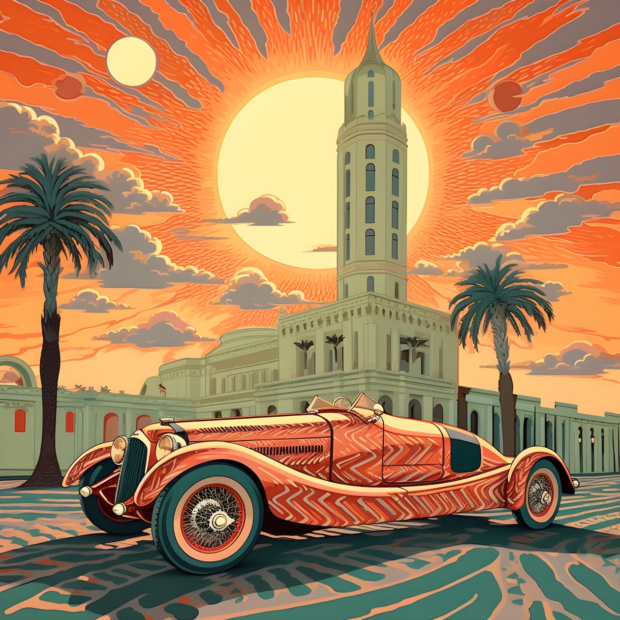 schönes, elegantes, minimalistisches, gestepptes Meisterwerk im künstlerischen Stil von von Shepard Fairey::1 zum Gedenken an den Grand Prix von Monaco 1940, historische Rennwagen, die gegeneinander antreten.  2 alkotó: Kurt Heppke
