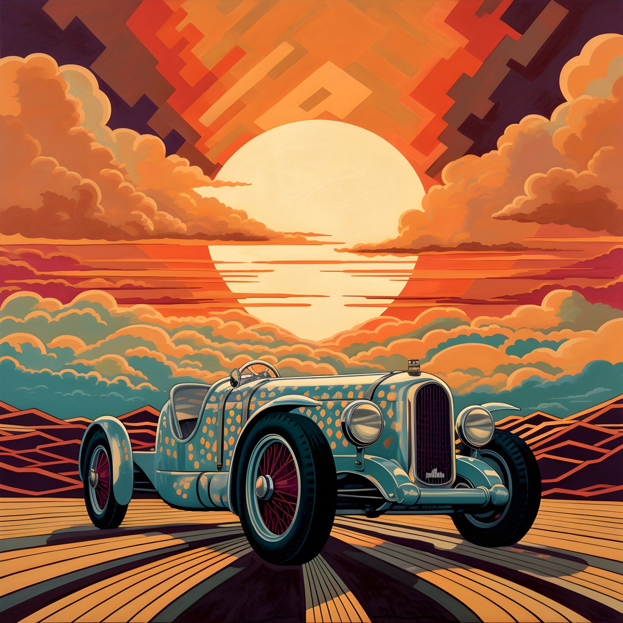 schönes, elegantes, minimalistisches, gestepptes Meisterwerk im künstlerischen Stil von von Shepard Fairey::1 zum Gedenken an den Grand Prix von Monaco 1940, historische Rennwagen, die gegeneinander antreten.  3 alkotó: Kurt Heppke