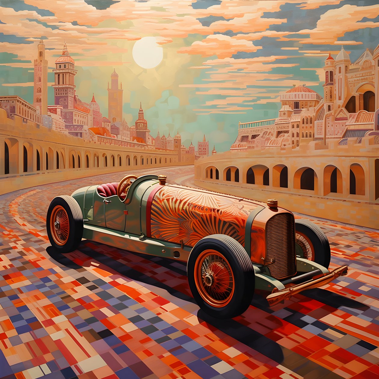 gyönyörű, elegáns, minimalista, steppelt remekmű Shepard Fairey::1 művészi stílusában, az 1940-es Monacói Nagydíj emlékére, történelmi versenyautók egymással versengve. 4 alkotó: Kurt Heppke