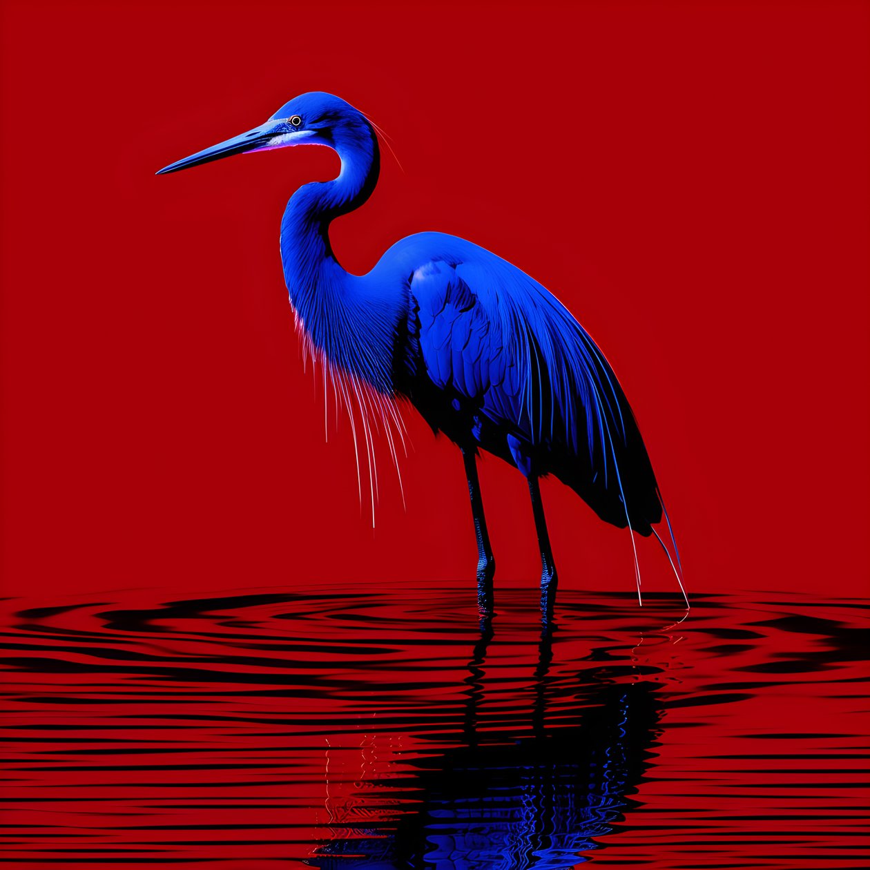synthwave digital fine art piece of an exotic cobalt blue egret on red paper 2 alkotó: Kurt Heppke