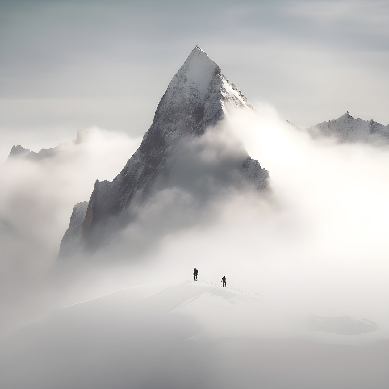 zwei menschen beim skifahren über einem wolkenverhangenen berg 3 alkotó: Kurt Heppke