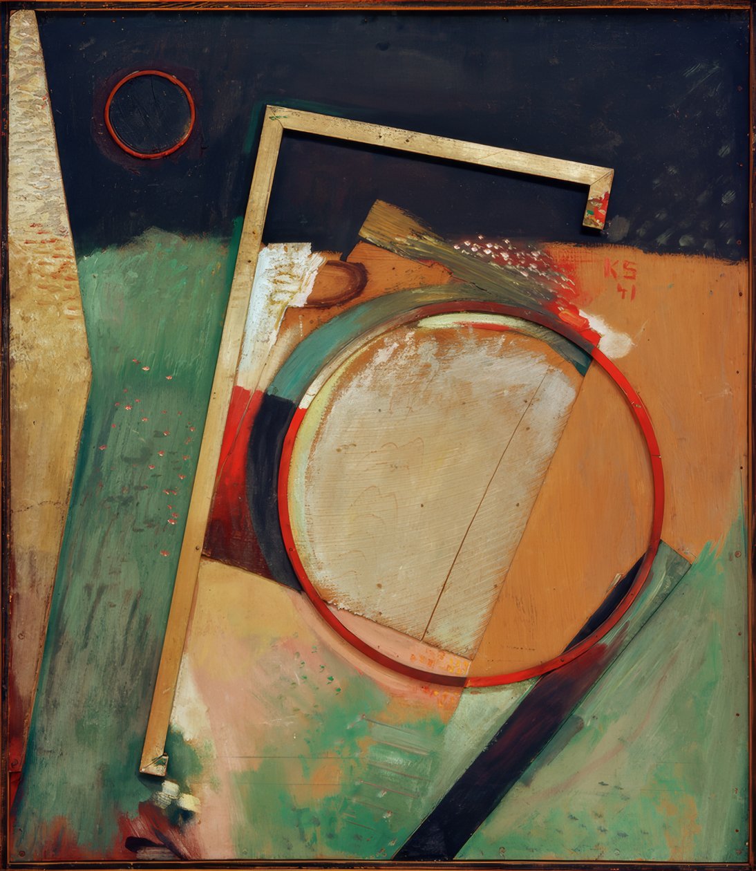 Cím nélkül (a képen gyűrűvel és kerettel) alkotó: Kurt Schwitters