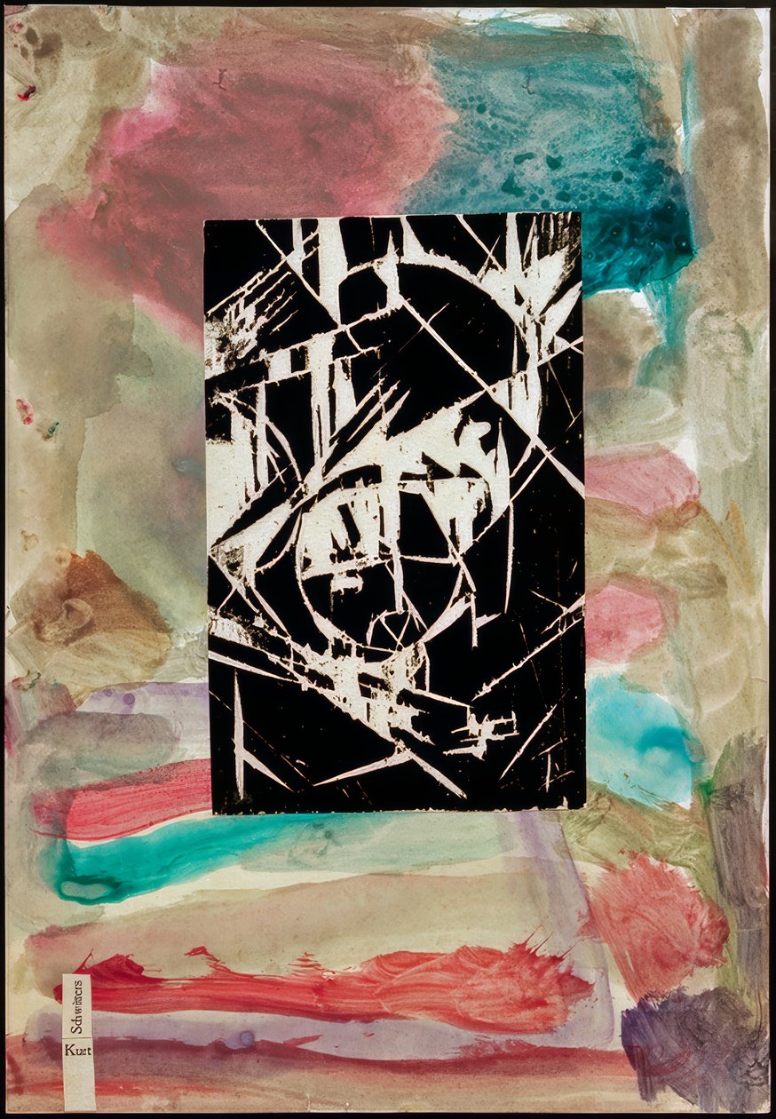 Cím nélkül (fametszetű kollázs absztrakt festményen) alkotó: Kurt Schwitters