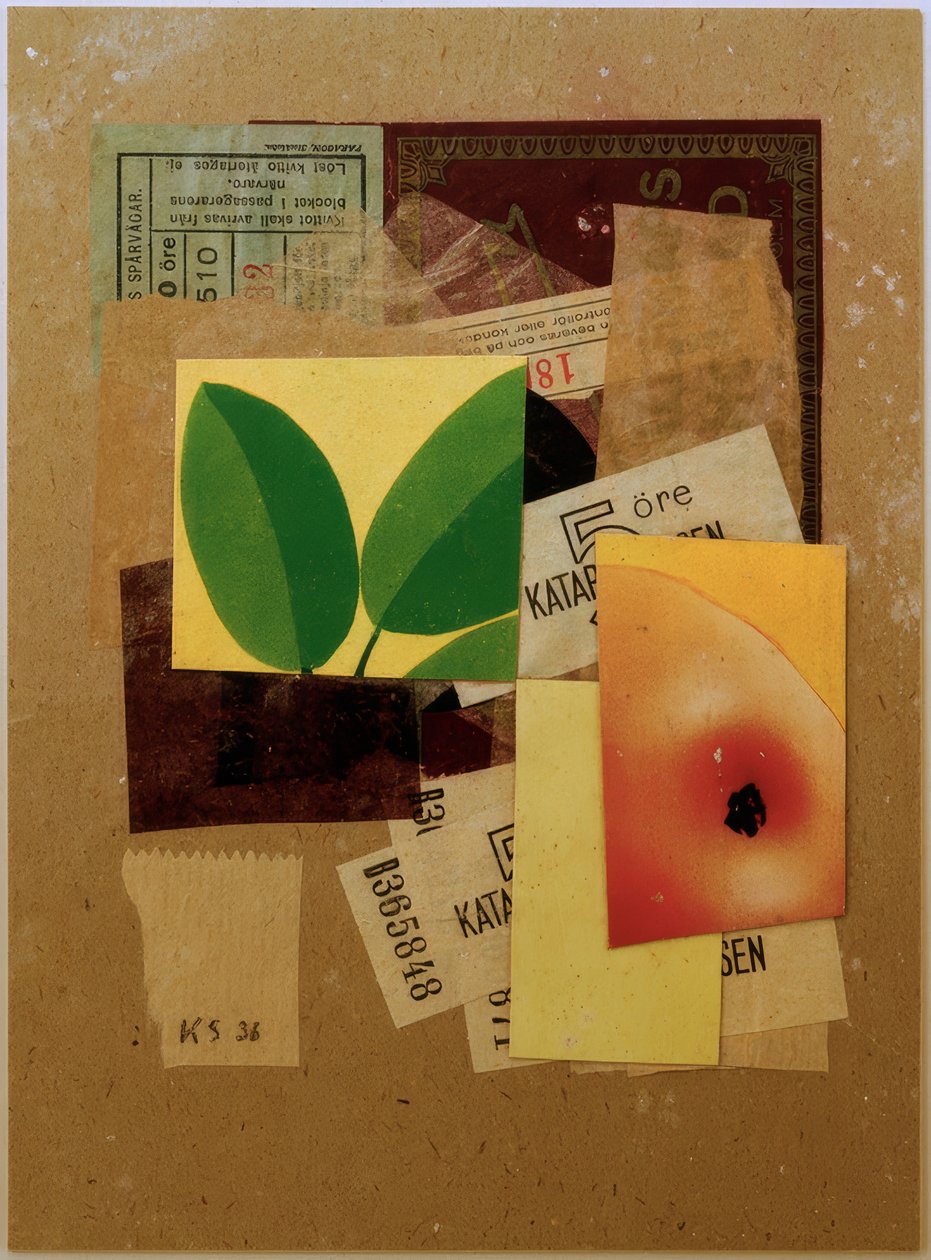 Cím nélkül (almadarabbal és zöld levelekkel) alkotó: Kurt Schwitters