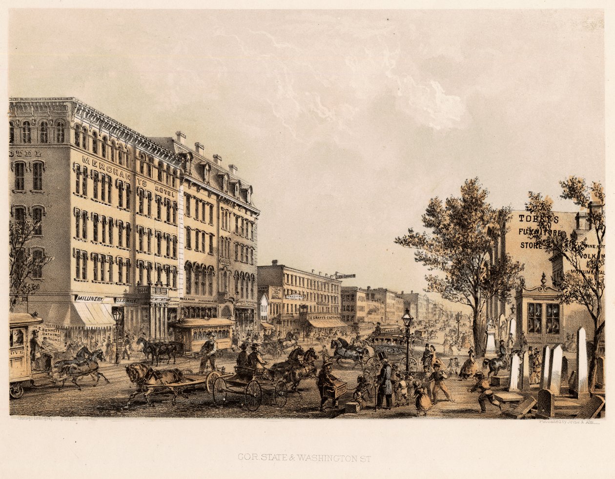 Az állam és a Washington Streets sarka, Chicago, 1867 körül alkotó: Kurz and Allison