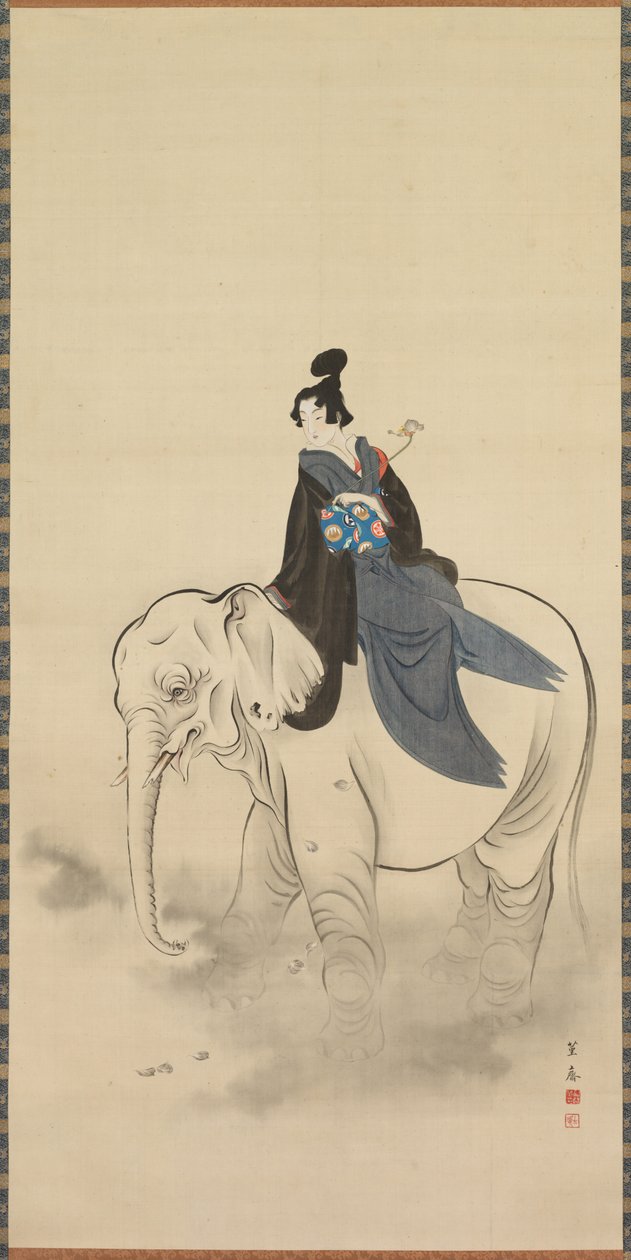 Az elefánton lovagló udvarhölgy Bodhisattva Fugen paródiája, 19. század. alkotó: Kuwagata Keisai