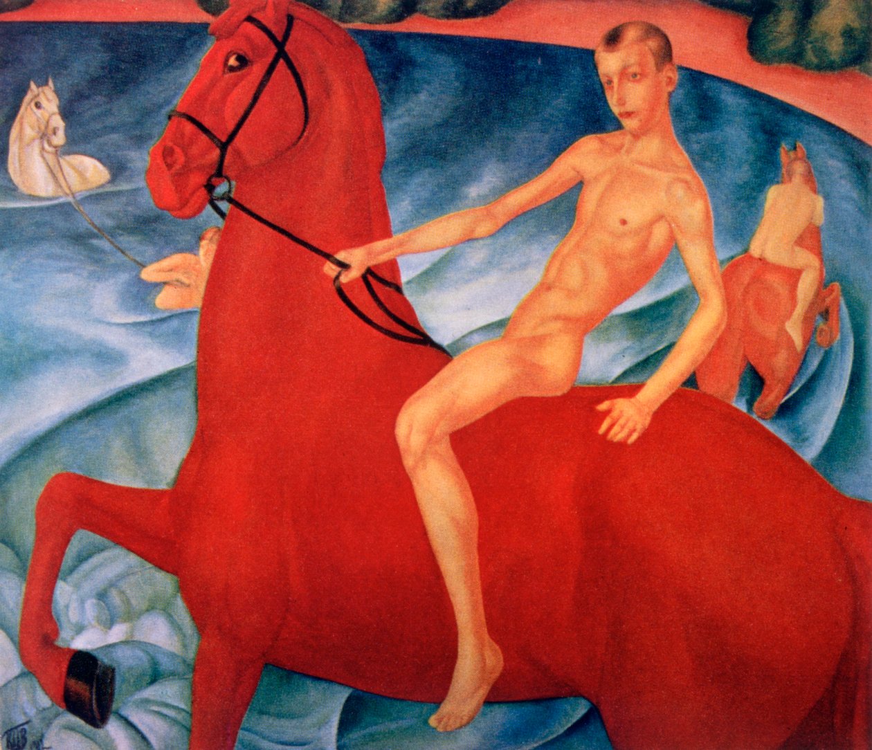 "A vörös ló fürdőzése", 1912 alkotó: Kuz