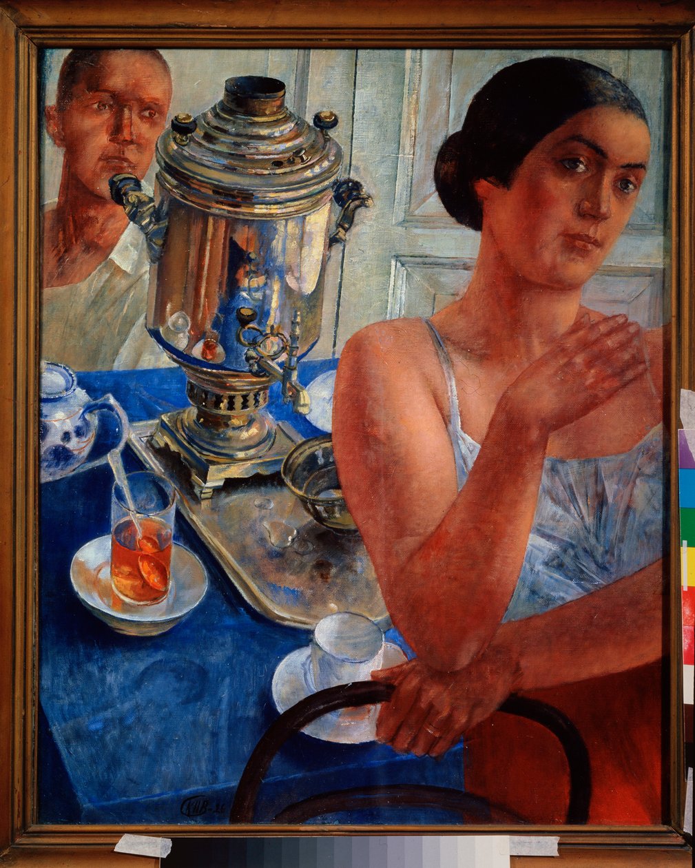 A szamovár körül. (A mindennapi élet jelenete, egy pár teázik). Kuzma Szergejevics Petrov Vodkin (Petrov-Vodkin) festménye (Kouzma Petrov Vodkin) (Petrov-Vodkin) (1878-1939), olaj, vászon alkotó: Kuzma Sergeevich Petrov Vodkin