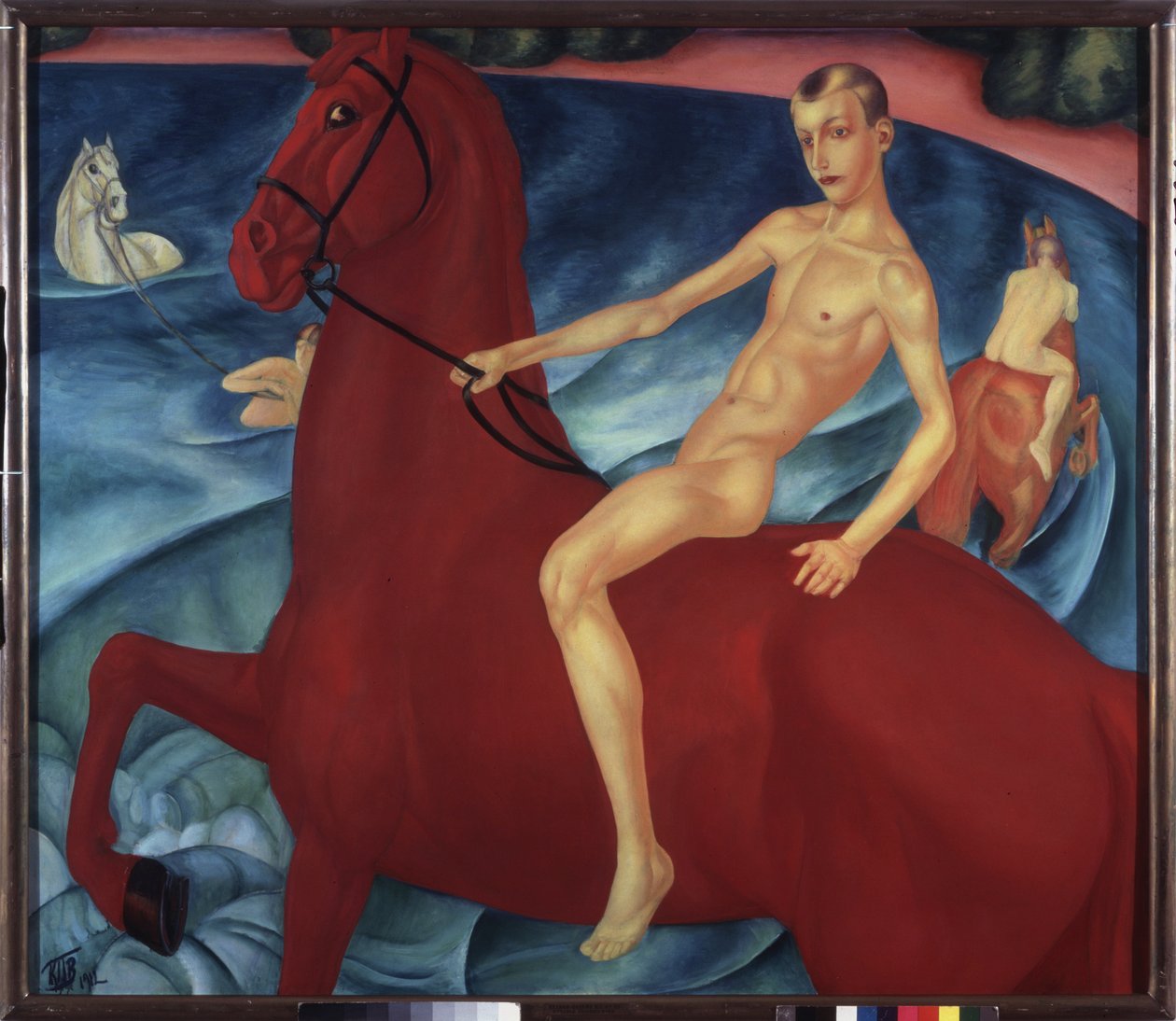Vörös ló fürdése. Kuzma Szergejevics Petrov Vodkin (Petrov-Vodkin) festménye (Kouzma Petrov Vodkin) (Petrov-Vodkin) (1878-1939), olaj, vászon alkotó: Kuzma Sergeevich Petrov Vodkin