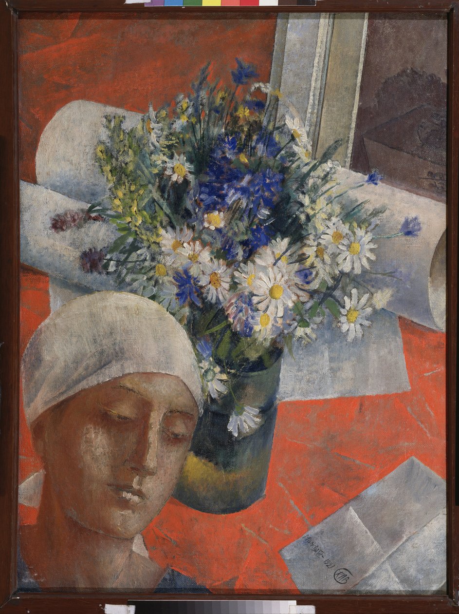 Virágok és egy női fej. Kuzma Szergejevics Petrov Vodkin (Petrov-Vodkin) festménye (Kouzma Petrov Vodkin) (Petrov-Vodkin) (1878-1939), olaj, vászon alkotó: Kuzma Sergeevich Petrov Vodkin