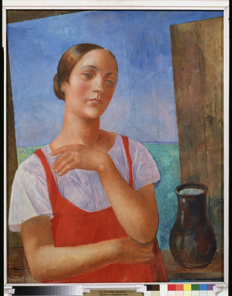 Fiatal nő nyári ruhában. Kuzma Szergejevics Petrov Vodkin (Petrov-Vodkin) festménye (Kouzma Petrov Vodkin) (Petrov-Vodkin) (1878-1939), olaj, vászon alkotó: Kuzma Sergeevich Petrov Vodkin