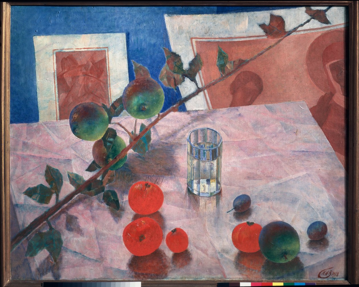 Csendélet rózsaszínben. (az asztal sarkán, metszetek előtt egy pohár víz, egy almafa ága, szilva és paradicsom). Kuzma Szergejevics Petrov Vodkin (Petrov-Vodkin) festménye (Kouzma Petrov Vodkin) (Petrov-Vodkin) (1878-1939), olajfestmény alkotó: Kuzma Sergeevich Petrov Vodkin