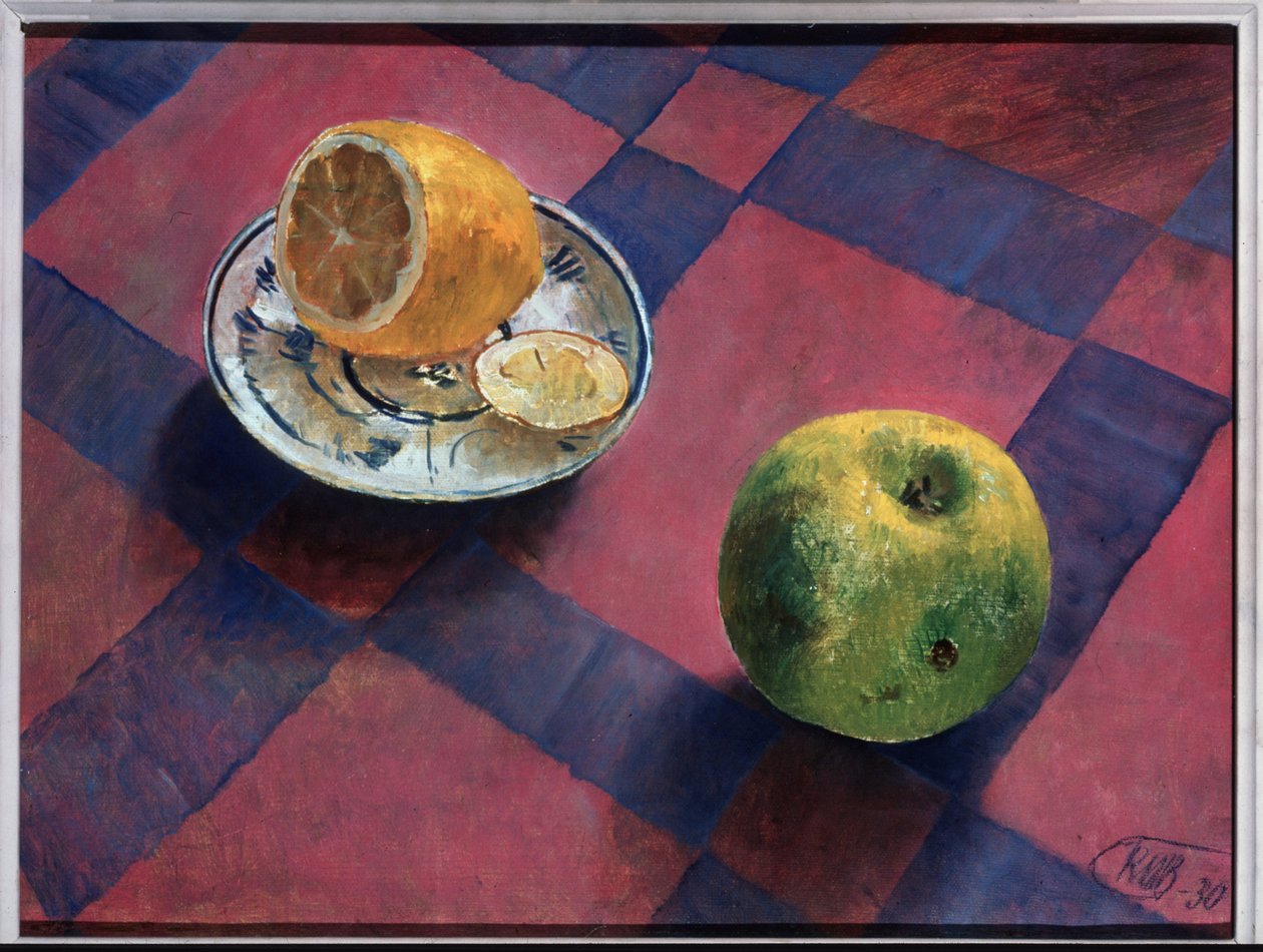 Alma és citrom. (Alma és citrom). Kuzma Szergejevics Petrov Vodkin (Petrov-Vodkin) festménye (Kouzma Petrov Vodkin) (Petrov-Vodkin) (1878-1939), olaj, vászon alkotó: Kuzma Sergeevich Petrov Vodkin